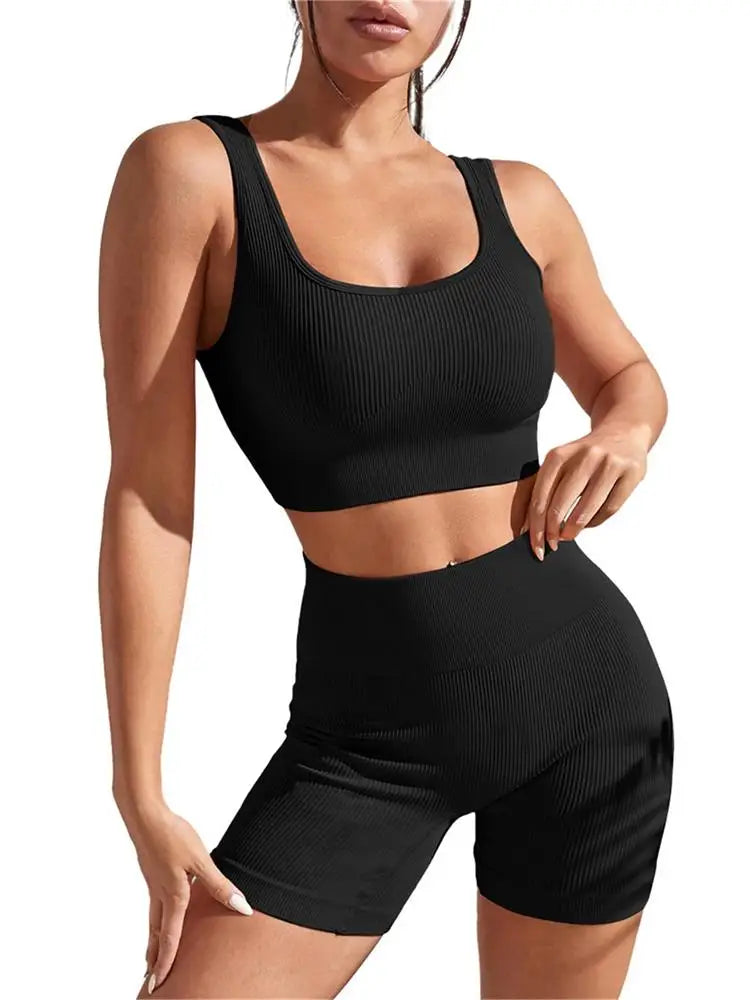 NEW Arrivals 2PCS Set 8 Colors Seamless Ribbed Yoga Sets Workout Sets for Women Gym Suits Ribbed Crop Tank High Waist Shorts Outfits Fitness Running Yoga Suit