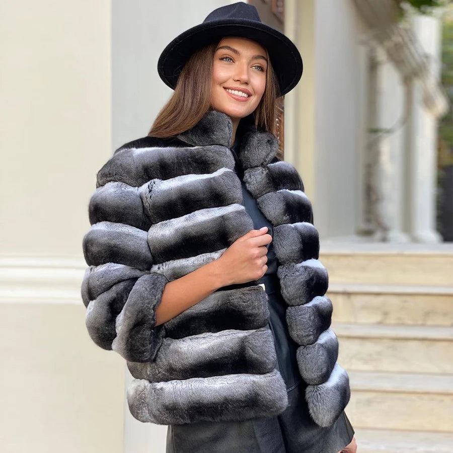S-3XL 5 Colors Luxury Winter Warm Outerwear Fur Jacket Women Girls Real Natural Rex Rabbit Fur Coat Chinchilla Colored High Collar Jacket Female Ladies Winter Luxury Fashion Clothing Products