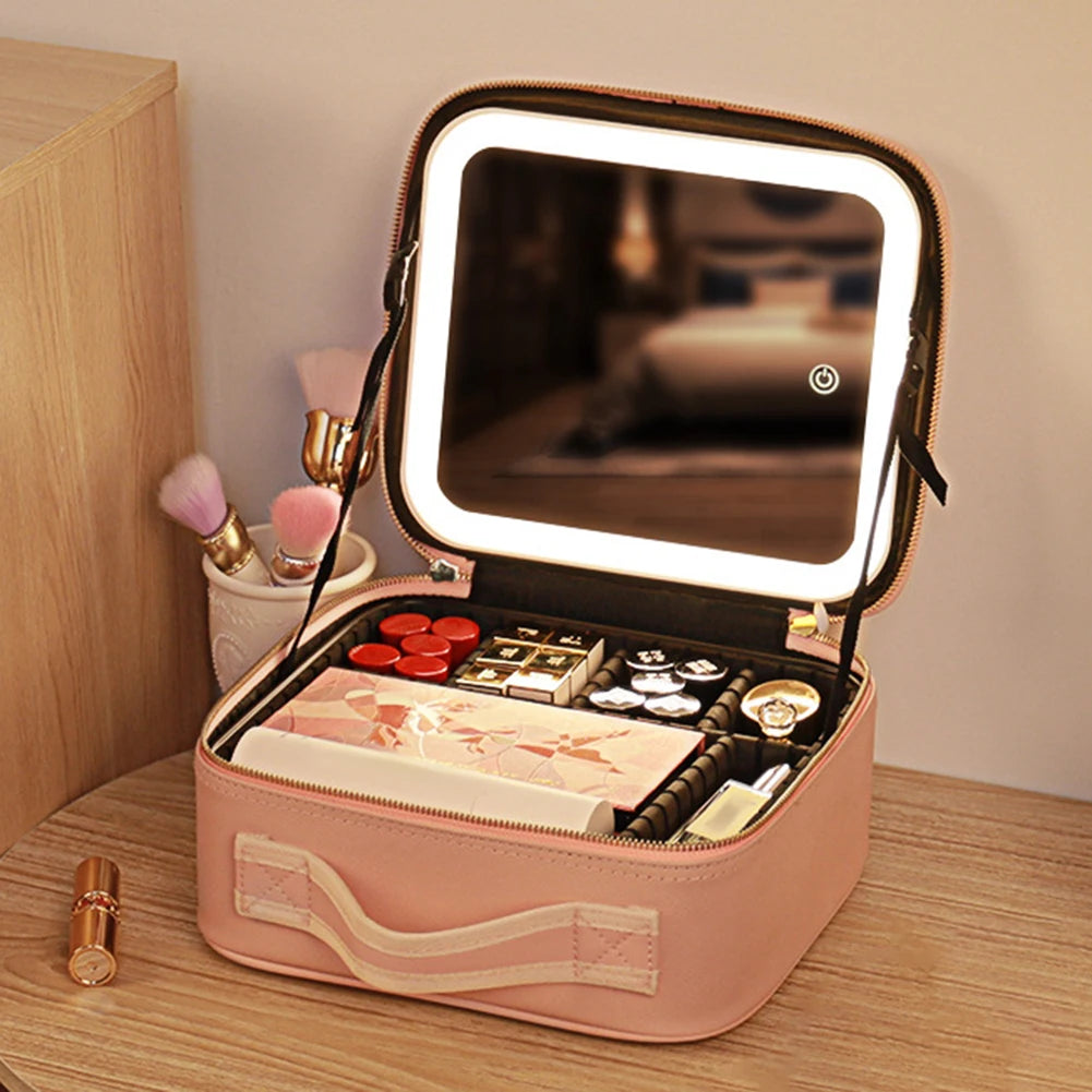 Smart LED Cosmetic Case with Mirror Beauty Bag Portable Large Capacity Fashion Simple PU Leather Casual for Weekend Vacation