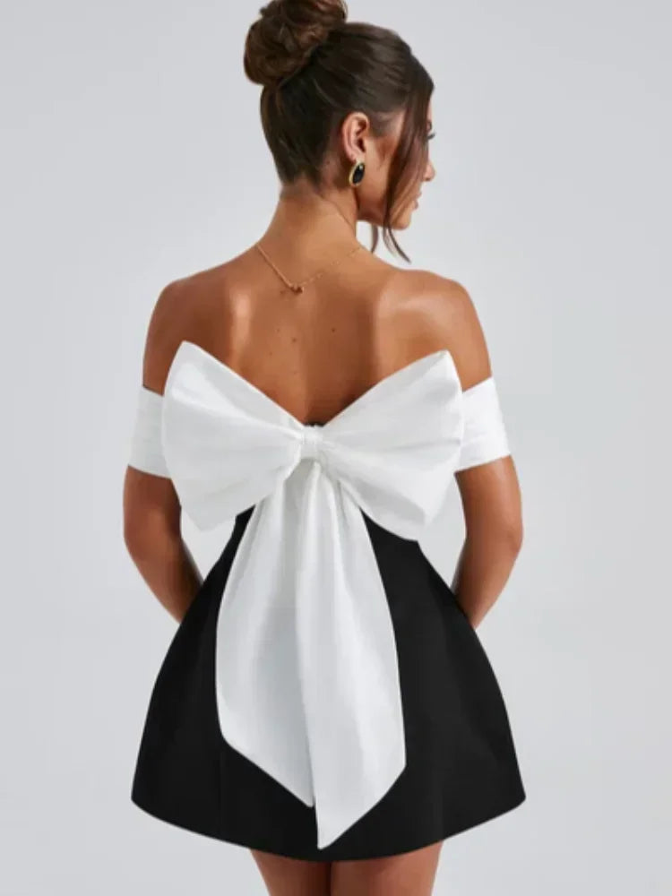 NEW Arrivals Luxury Back Big Bow Decoration Mini Dress Fashion Off Shoulder High Waist Sleeveless Backless Dresses Autumn Evening Wedding Birthday Party Night Club Outfit Dresses Gowns Girls Ladies Fashion Clothing Supplies
