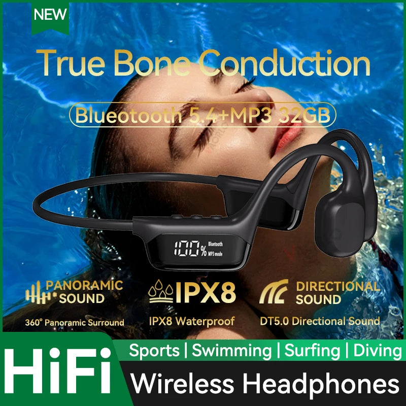 Original Bone Conduction Wireless Headphone IPX8 with Microphone Waterproof Swimming Cycling Running Headset Bluetooth 5.4 32GB RAM MP3 Player HIFI Music Outdoor Sports Products Earphones Supplies