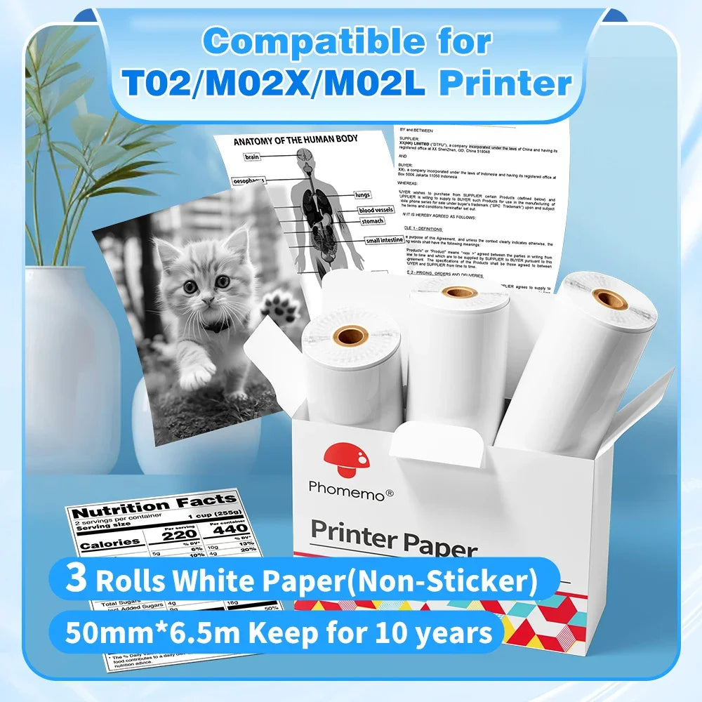 NEW Arrivals 3 Rolls Set PHOMEMO White Sticker Paper Thermal Label for T02 M02L Portable Mini Printer Keep for 10 Years Sticky Paper 50mm/53mm