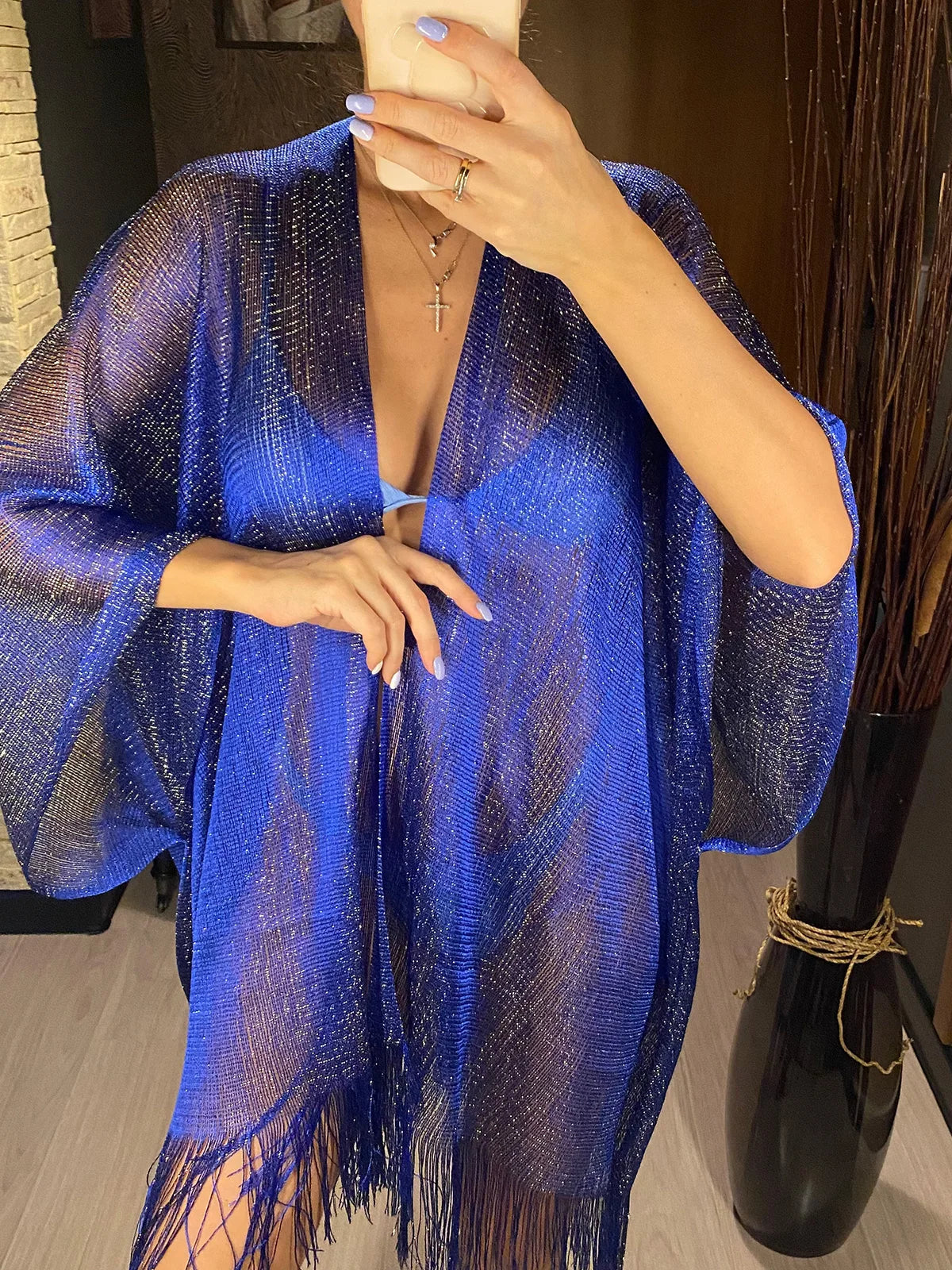 Sexy Fringe Tassel Mesh Sheer Shiny Knitted Tunic Beach Cover Up Cover-ups Beach Dress Beach Wear Beachwear Female Women