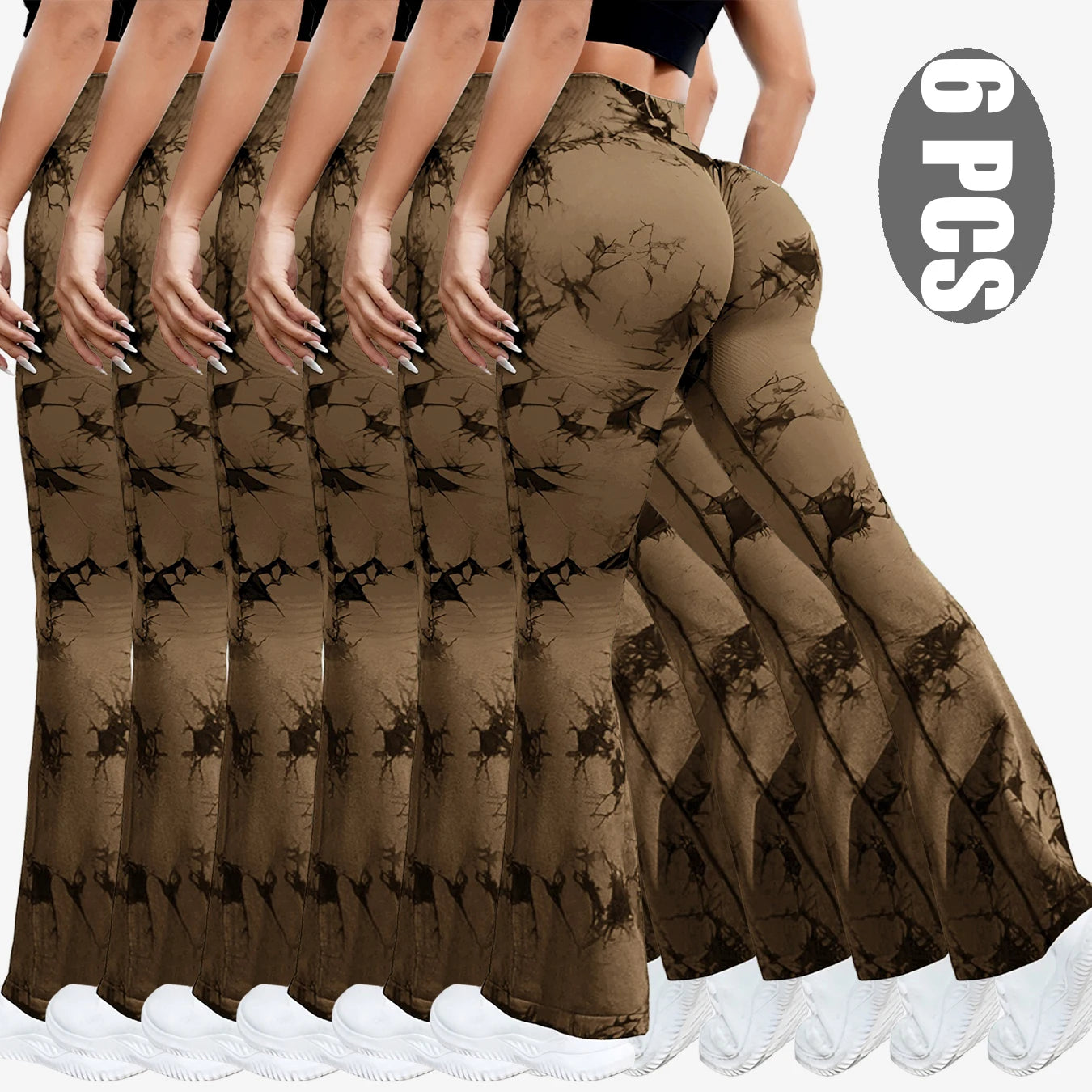 NEW Arrivals 6PCS Set Tie Dye Seamless Yoga Pants Flared Trousers High Waist Butt Lifting Sportswear Women Gym Training Fitness Sports Pants