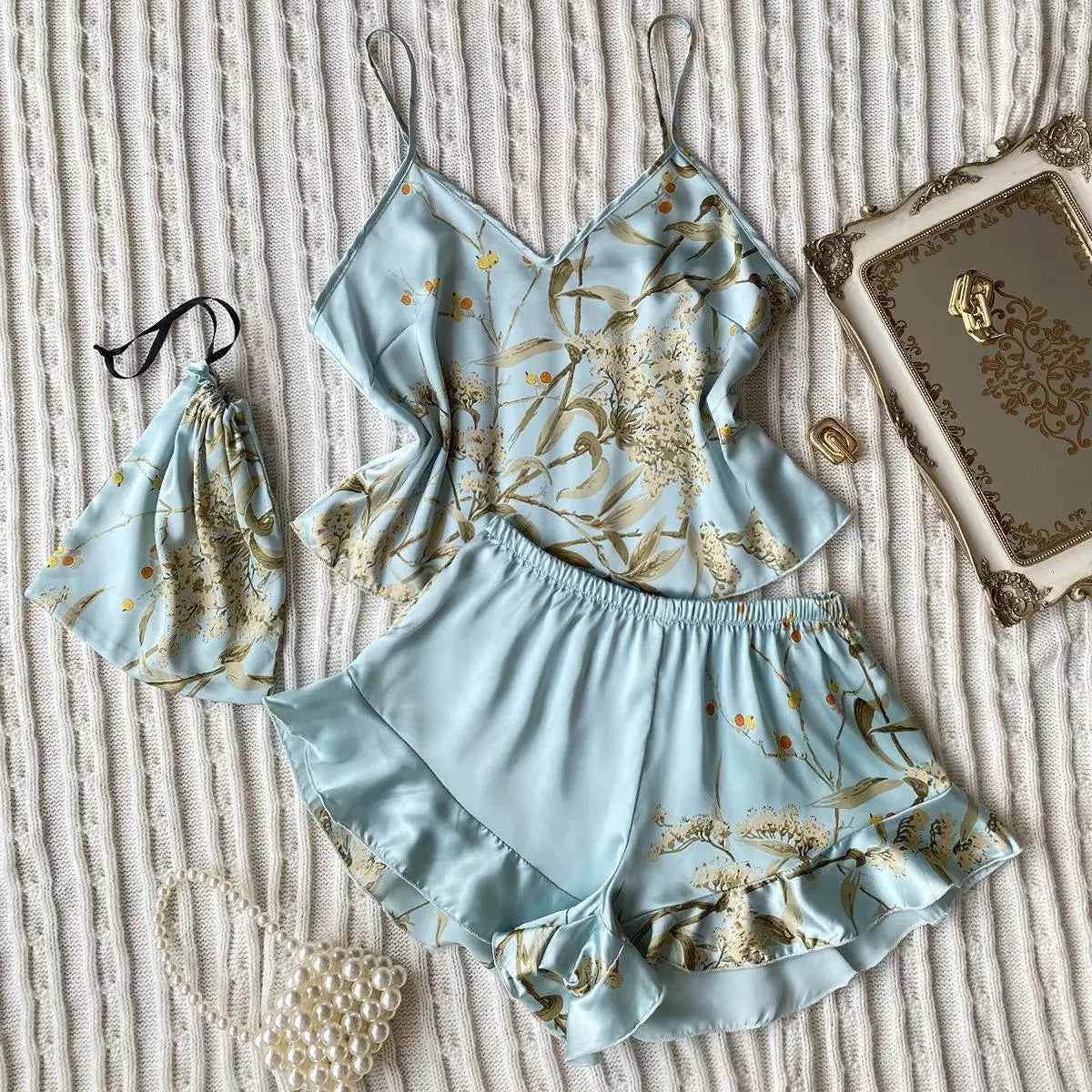 NEW Arrivals 2PCS Set S-XL 5 Colors Summer Fashion Sexy Silk Luxury Pajamas Set Short Pants Home Clothes Set V-Neck Sleeveless Women's Sleepwear Suit