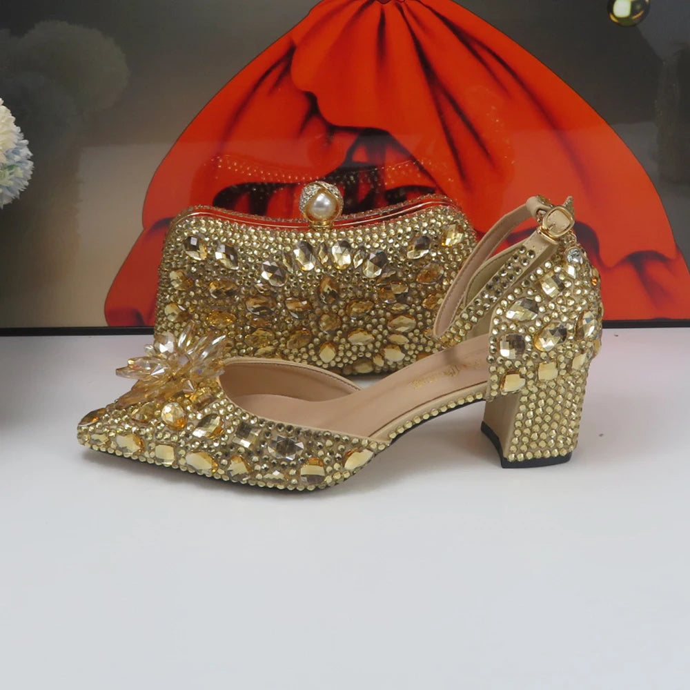 Low-Price Sales are Limited NEW Luxury Champagne Gold Wedding Shoes and Purse Set Women Bridal Fashion High Pumps Party Shoe and Bag Ankle Strap Ladies Luxury Fashion Apparel Accessories Clothing Supplies