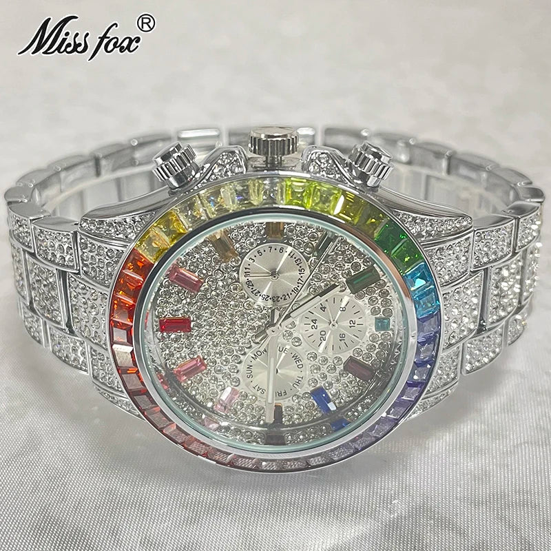 NEW Luxury Brand Gold Hip Hop Watches Men Fashion Rainbow Diamond Waterproof Smart Watch Full Steel Sports Clocks Male Wrist Watches Luxury Gifts for Husband Boyfriend