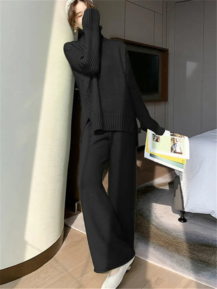 Autumn Winter 2 Pieces Women Sets Knitted Tracksuit New Turtleneck Sweater and Wide Leg Jogging Pant Pullover Suits