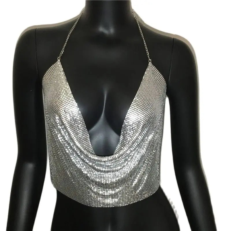 AKYZO Women Sexy Metal Sequined Tank Camis Summer Gold Silver Backless Cropped Glitter Beach Club Show Wear Tank Tops