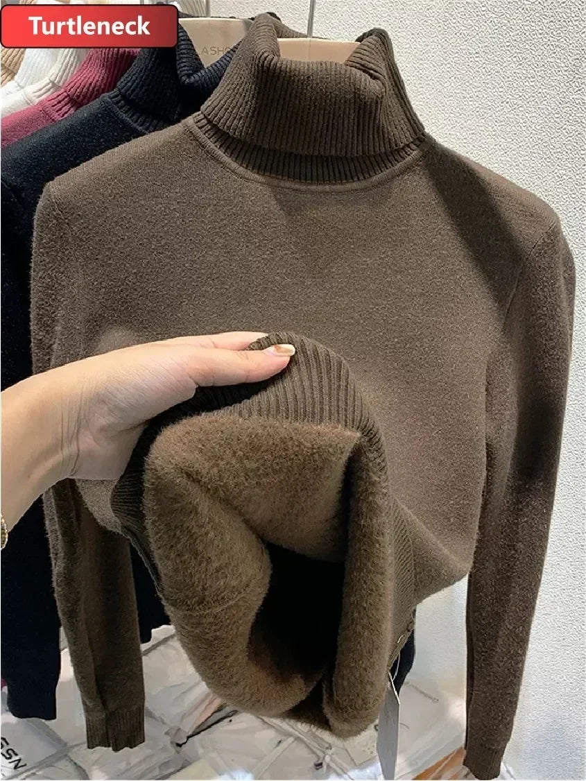 NEW Arrivals Sweater For Women Winter Thicken Turtleneck Slim Knit Pullover New Warm Plush Velvet Lined Knitwear Jumper Tops Casual Female Girls Luxury Fashion Clothing Supplies