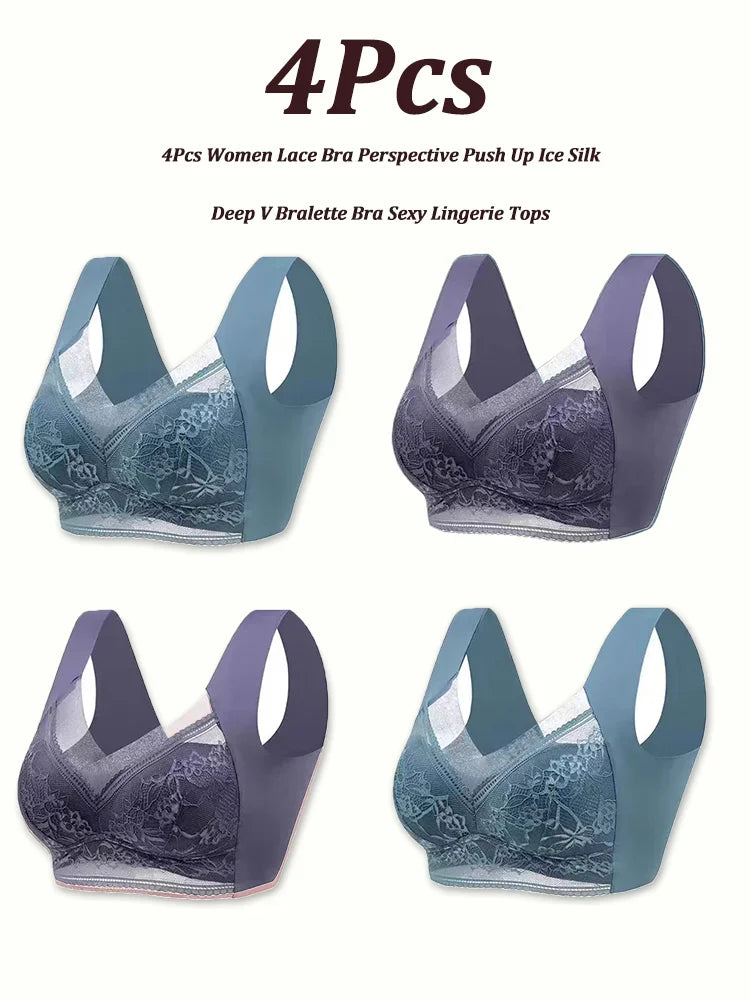 NEW Arrivals 4PCS Set L(45-50KG) -5XL(100KG) Set Women Lace Bra Perspective Push Up Ice Silk Deep V Bralette Bra Sexy Lingerie Tops Plus Size Cup Mom's Underwear