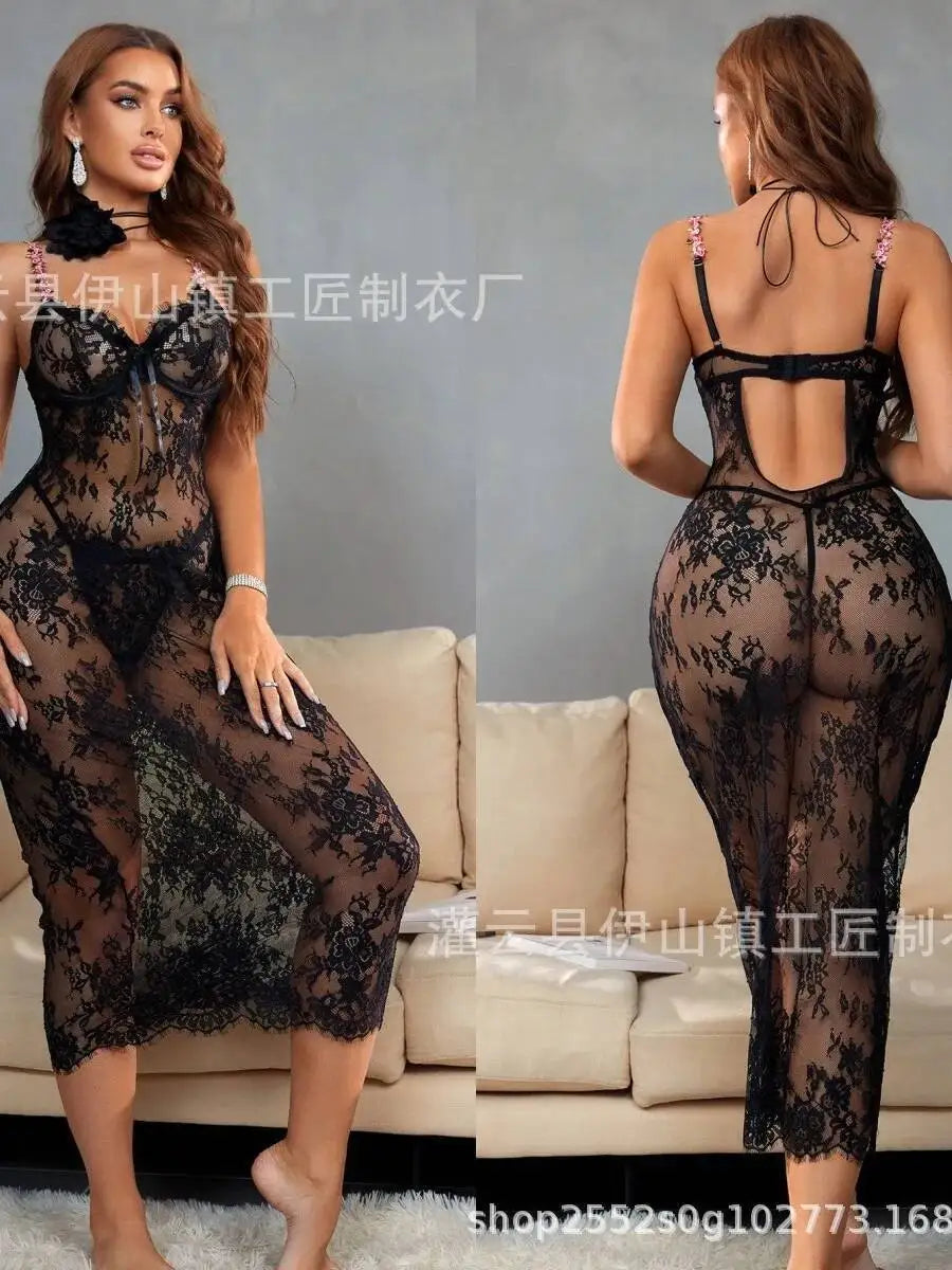 New 4 Colors Sexy Lace Mesh Flower Embroidery Backless Deep V Suspenders Sleeveless Long Dress Women's Thin Pure Desire Casual Style GUT0