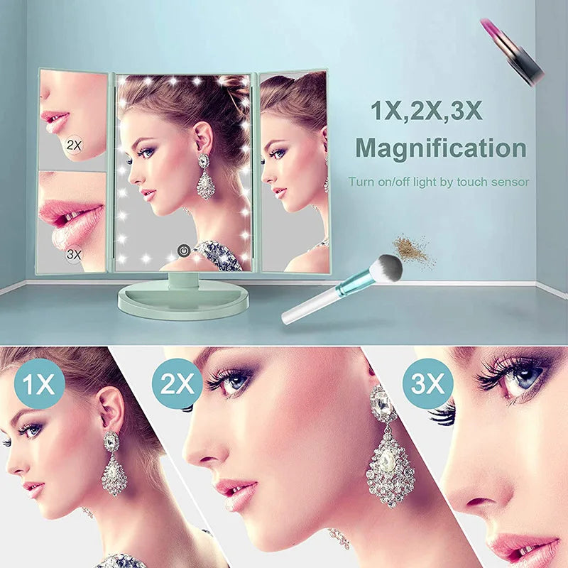 22 LED Light Vanity Mirror 1/2/3X Magnifying Cosmetic 3 Folding Makeup Mirrors 180 Rotation Stepless Dimmer Beauty Table Mirrors