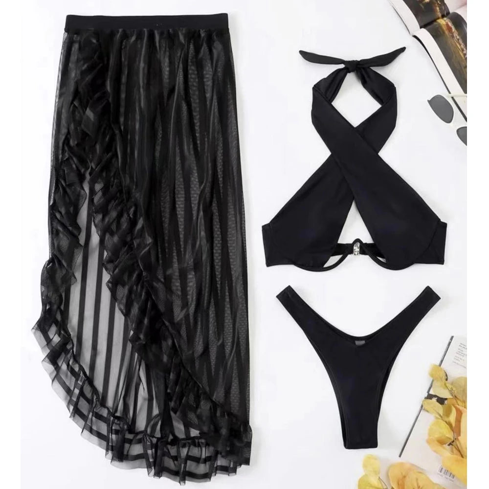 NEW!!!! Sexy Black Cross Halter 3PCS Mesh Skirt Bikini Set Swimwear Women Hollow Push Up Swimsuit Backless Bathing Suit