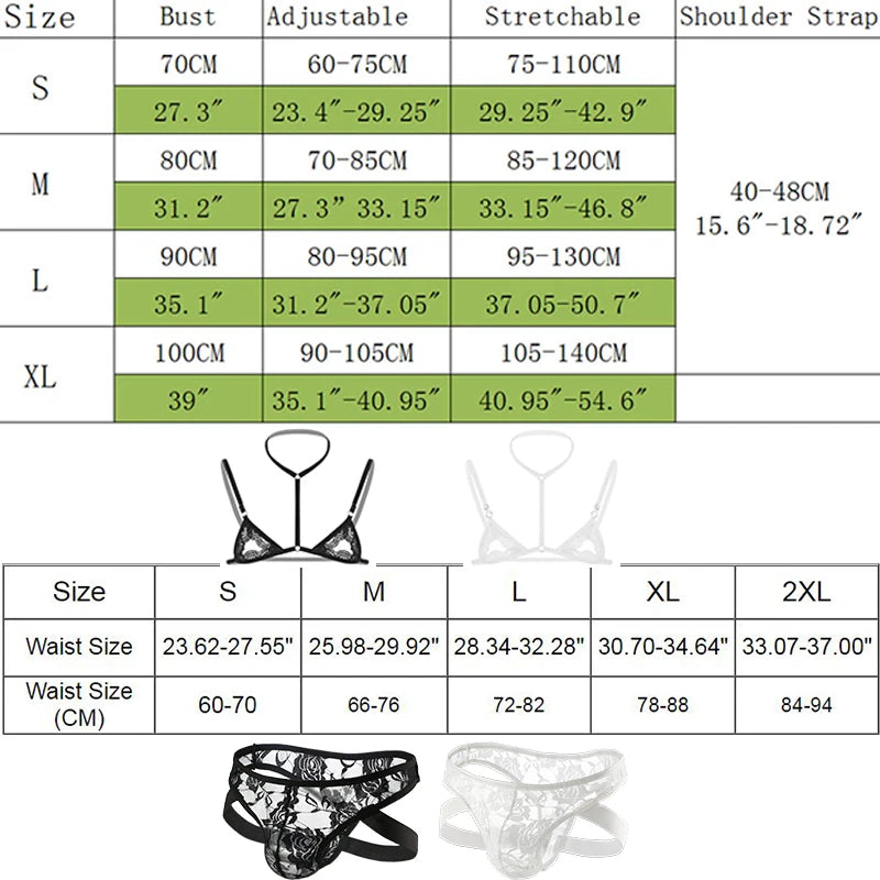 Men's Sexy Underwea Set Mini Lace Transparent Bra Briefs Sex Lingerie Sissy Fetish Bikini Exotic Men Seat Belt BDSM Gay