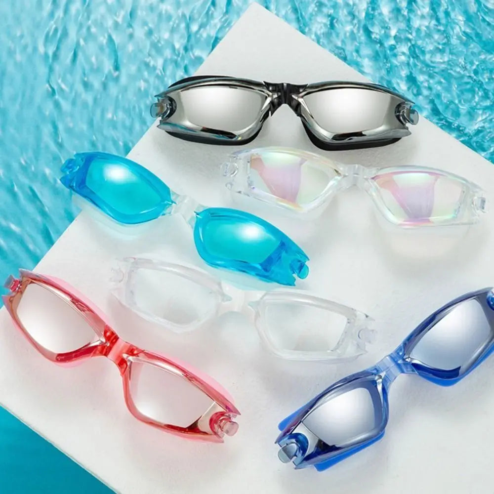NEW 4 PCS Set Anti-Fog Adult Myopia/ Transparent/ Electroplated Professional Swimming Goggles Set with Nose Clip, and Ear Plugs Adjustable Silicone Swim Cap Waterproof Ultralight
