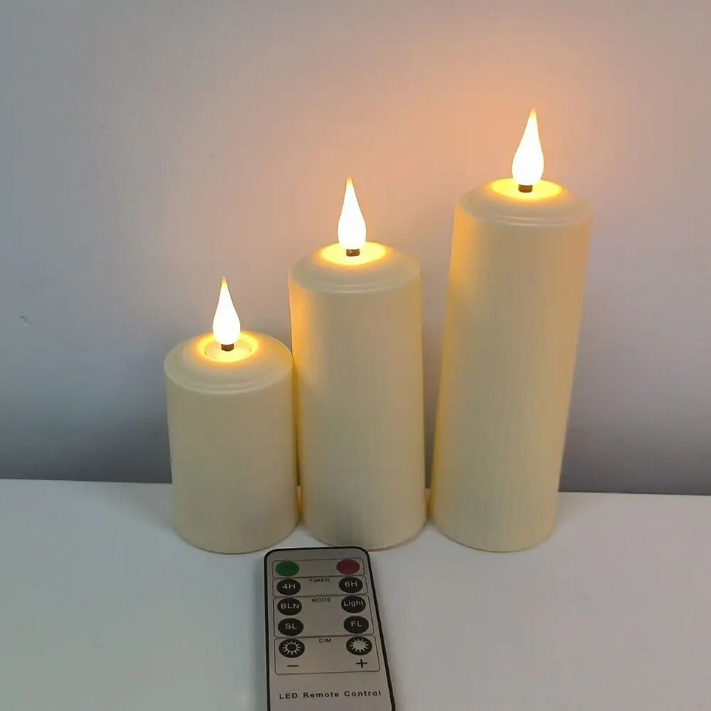 NEW Arrivals Pack of 3 Set USB Rechargeable with Remote Control Led Candles Flickering 3D Flame Roman Pillar Candle Light Waterproof Home Romantic Party Decor
