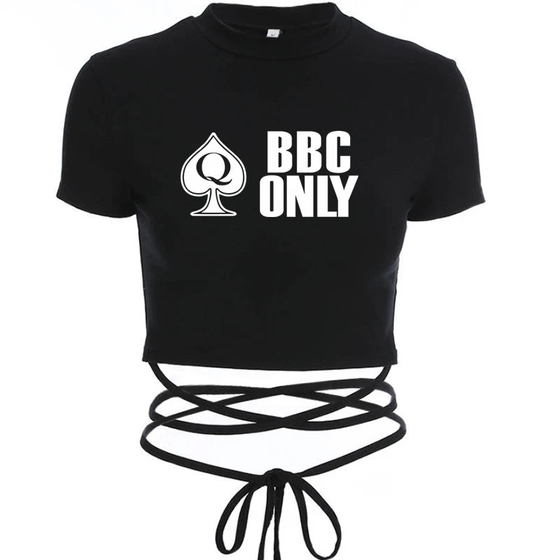 NEW Arrivals Queen of Spade BBC ONLY Summer Women Black Short T-Shirts Ladies Sexy Crop Tops Short Sleeve Bandage Tee Tops Female Shirts