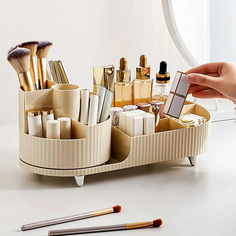 360* Rotating Makeup Organizer with Rotating Base and Divided Compartments for Lipsticks and Skincare Products