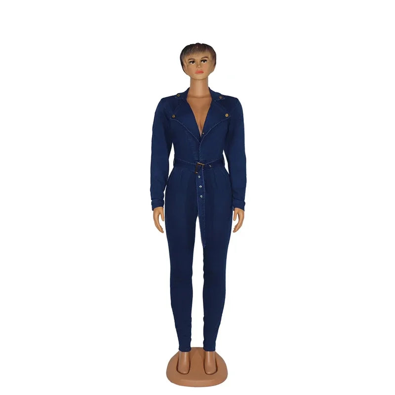 Streetwear Denim Jumpsuits for Women Spring Y2K Clothing Full Sleeve Bodycon Jean Rompers Playsuits One Pieces Overalls Outfits
