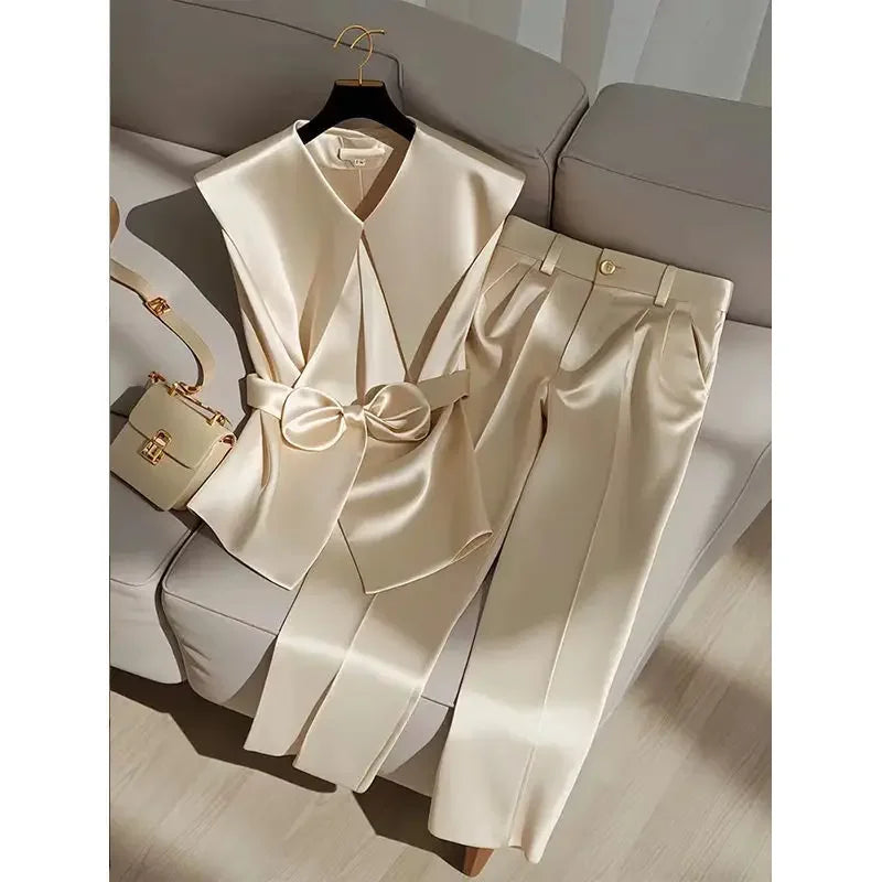 NEW 2PCS Set S-XL Italian Fashion Women Satin Celebrity Outfits Elegant OL Peter Pan Collar Bow Sleeveless Vest + High Waist Wide Leg Pants Ladies Business Trip Office Lady Formal Luxury Fashion Clothing Supplies