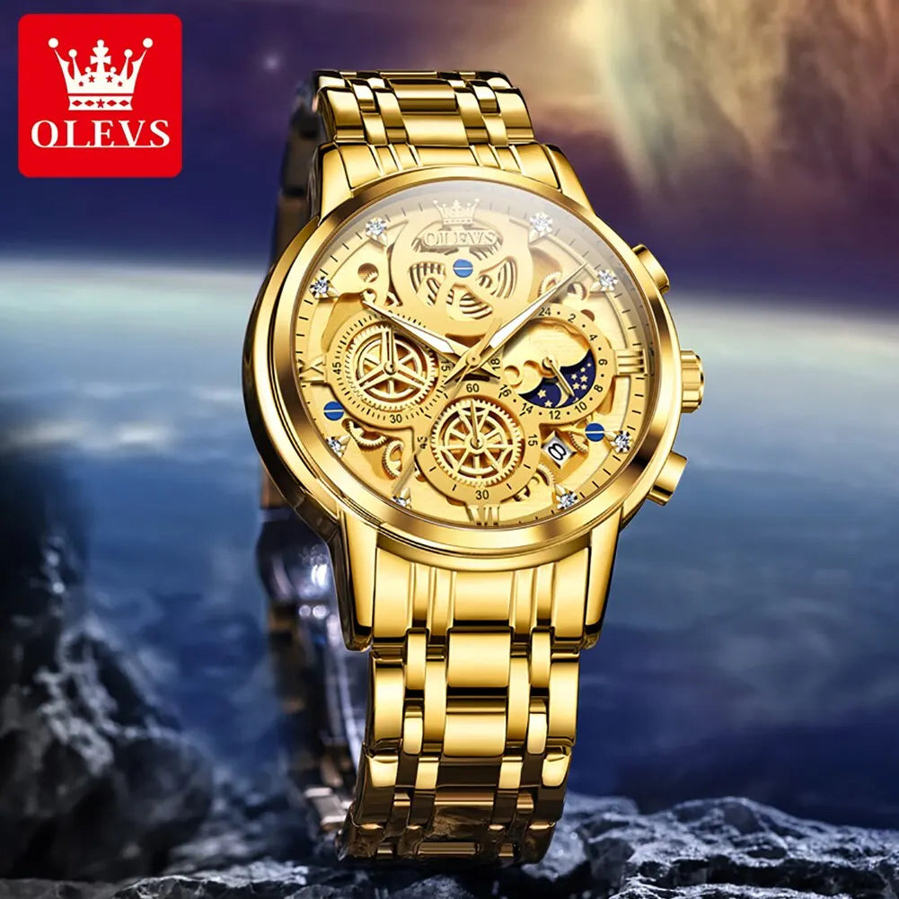NEW 100% Original OLEVS Luxury Men's Watches Top Brand Luxury Original Waterproof Quartz Watch for Man Gold Skeleton Style 24 Hour Day Night Wristwatch Perfect Gift for Husband Boyfriend