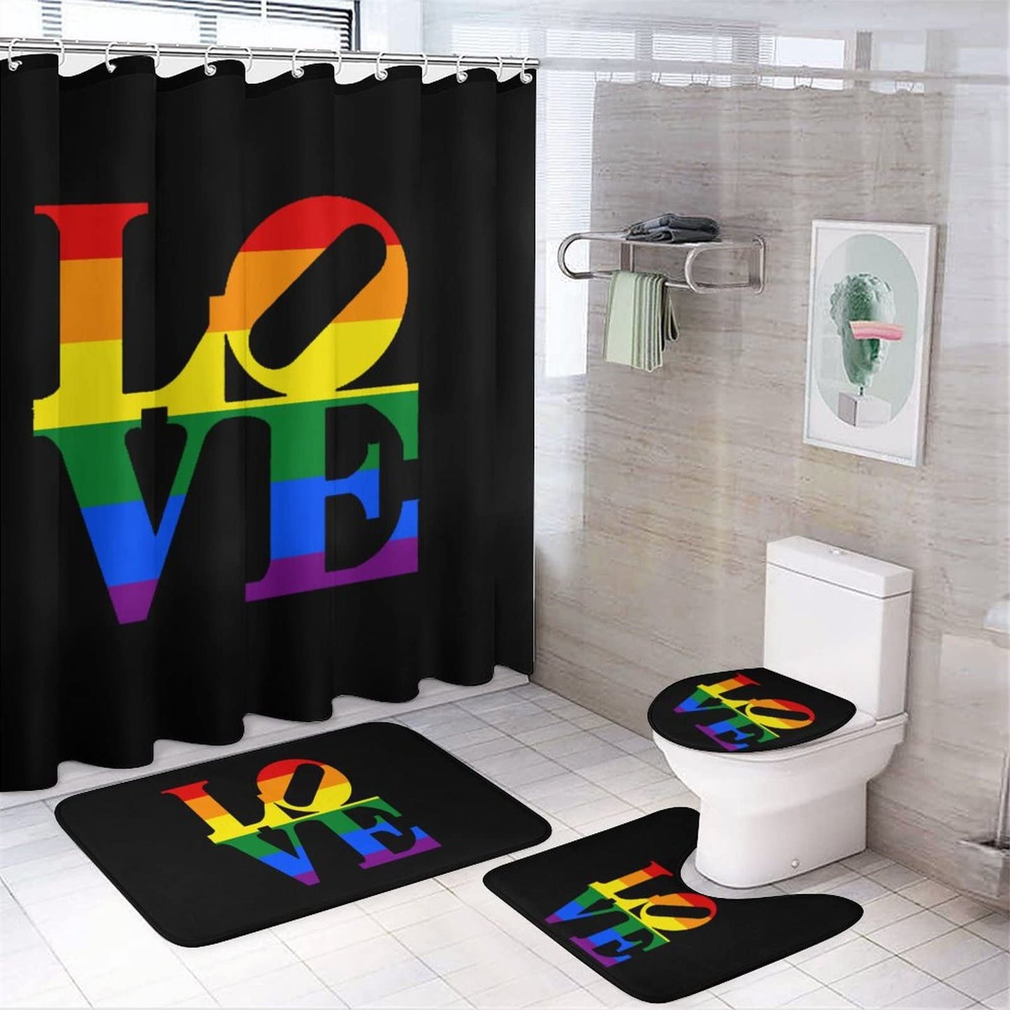 Rainbow Pride Gay Flag Shower Curtain Set Bath Mat Bathroom Set Toilet Carpet Floor Rug Gay Pride Lesbian Peace LGBT Home Decor