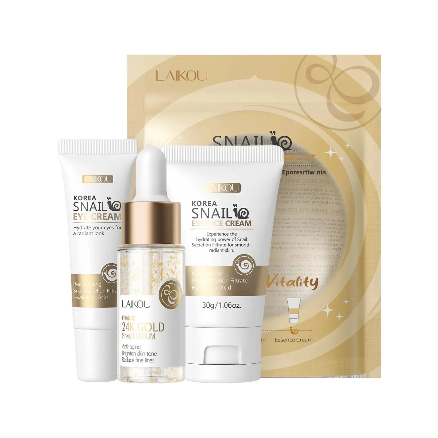 NEW 3PCS Set Korean Snail Luxury 24K Gold Infused Snail Repair Serum Eye Cream Essence Set Moisturizing Smoothing Fine Lines Minimizing Pores Women Beauty Supplies Korean Cosmetic Products
