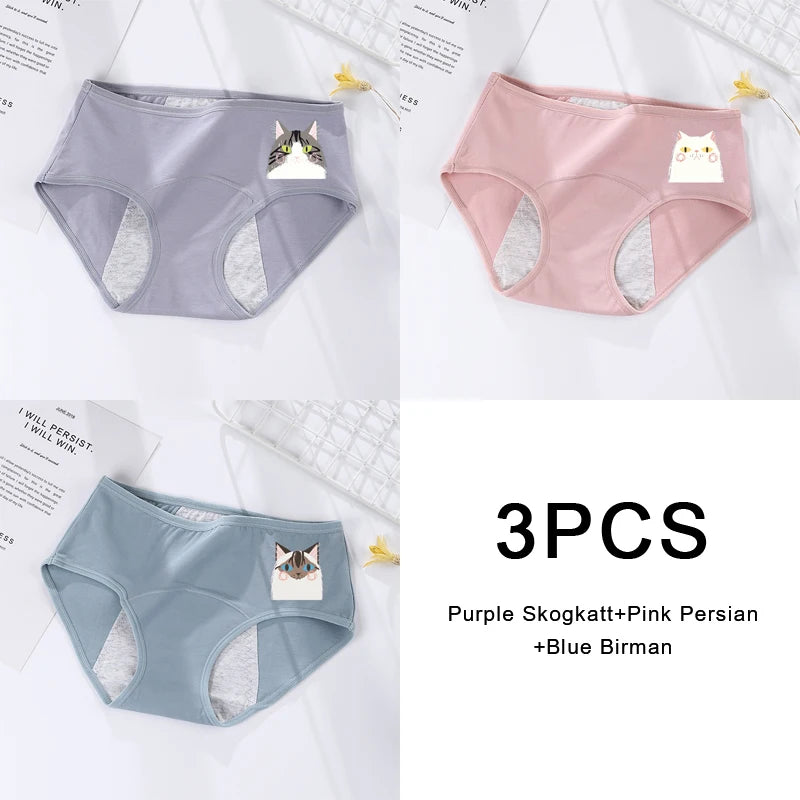 3PCS/Set Women's Menstrual Briefs Panties Large Flow Postpartum Water Absorption Leak Proof Waterproof Briefs Women's Pure Cotton Menstrual Panties Set Women Underwear Clothing Period Hygiene Lingerie Health Care Supplies