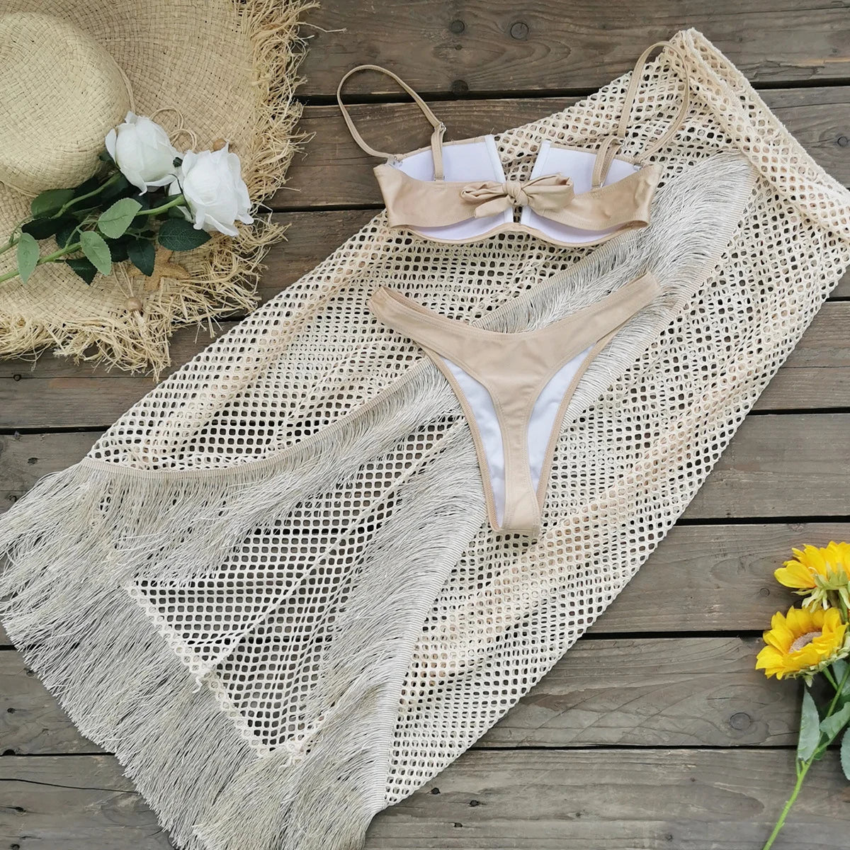 NEW 3PCS Handmade Set Sexy Gold Bikini Top with Fringe Mesh Long/Short Skirt - Adjustable Straps and Stylish Look, Perfect for Beach Wear and Pool Parties Ladies Sexy Swimwear Suit