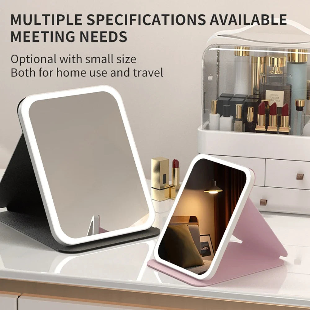 NEW Arrivals LED Dimmable Makeup Mirror 3 Colors Light Modes Adjust Brightness USB Charing Fold Mirror Tabletop Vanity Mirror for Travel Home Cosmetic Accessories
