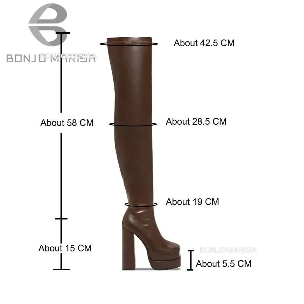 Bonjomarisa Women Thigh High Boots Double Platform Block High Heels Over The Knee Boots Zip Sexy Long Shoes Boots For Woman