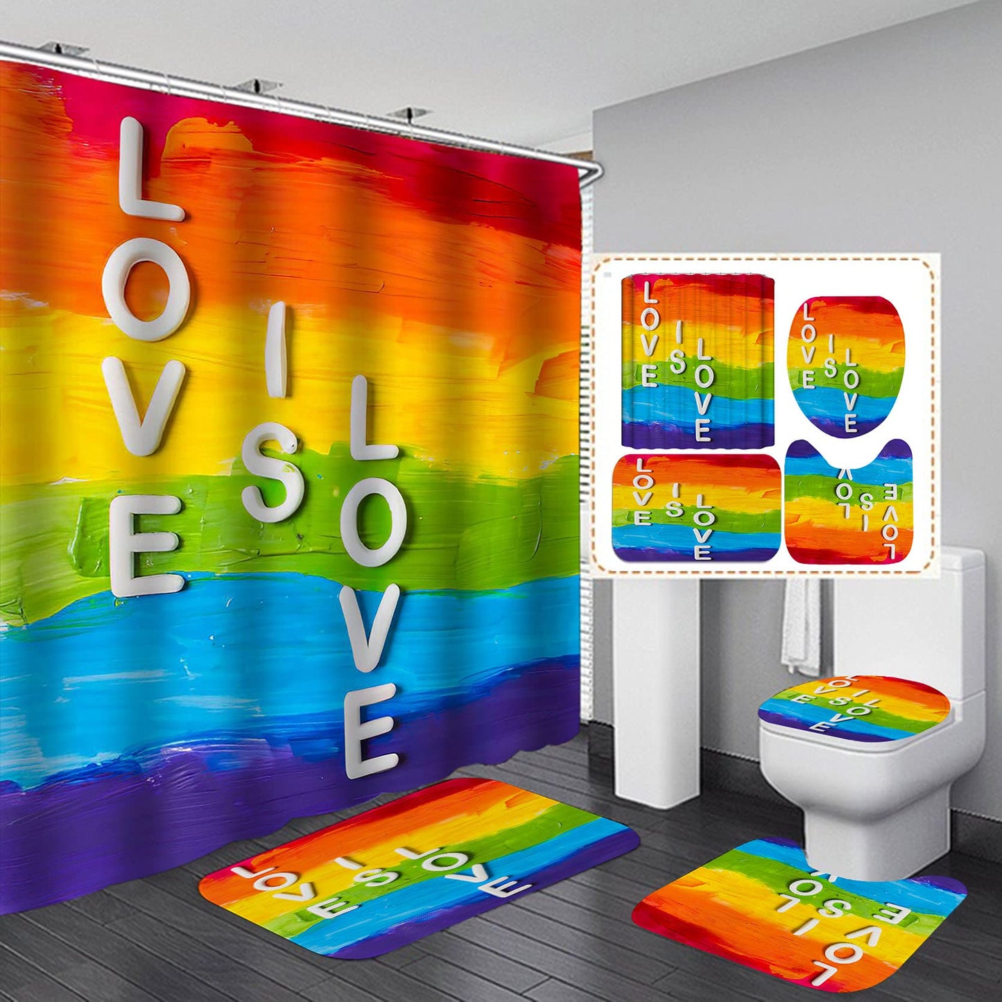 Rainbow Pride Gay Flag Shower Curtain Set Bath Mat Bathroom Set Toilet Carpet Floor Rug Gay Pride Lesbian Peace LGBT Home Decor