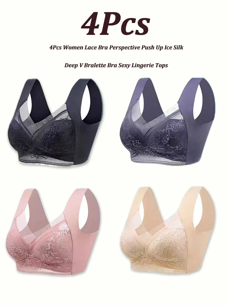 NEW Arrivals 4PCS Set L(45-50KG) -5XL(100KG) Set Women Lace Bra Perspective Push Up Ice Silk Deep V Bralette Bra Sexy Lingerie Tops Plus Size Cup Mom's Underwear