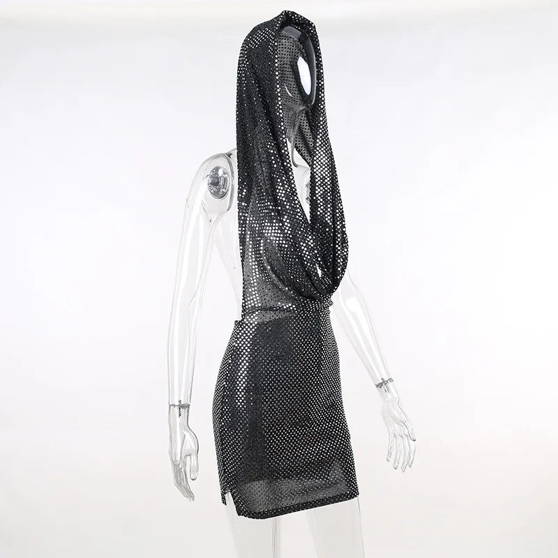 BRAND NEW Shiny Sexy Hooded Halter Neck Black Dress New Spring Summer Women Clothes Backless Night Club Outfit Party Bodycon Dress Evening Beach Party Dress