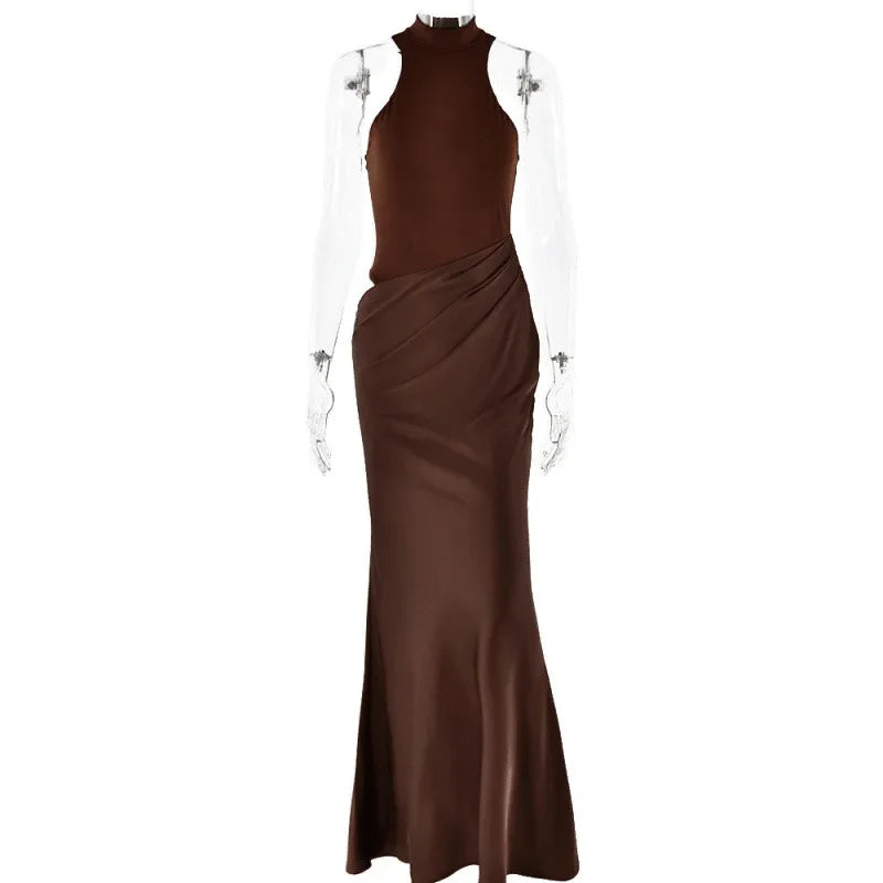 NEW Arrivals Women Fashionable Hollow Out Sleeveless Round Neck Long Dress Women's Empire Waist Gown Elegant Patchwork Maxi Dress Trendy Style