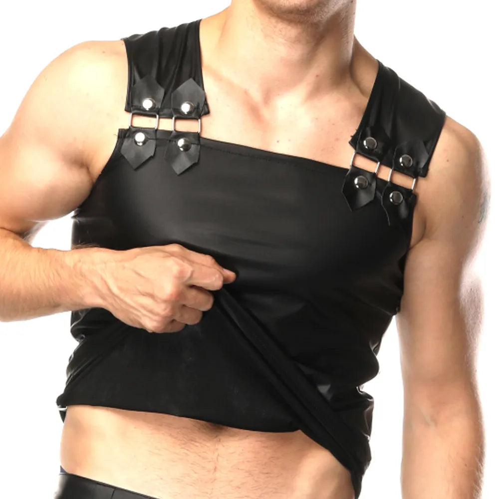 Mens Faux Leather Tank Tops Fitness Singlet Sleeveless Gay Latex Tops Fetish Sexy Costumes Exotic Vest Shirts Party Clubwear