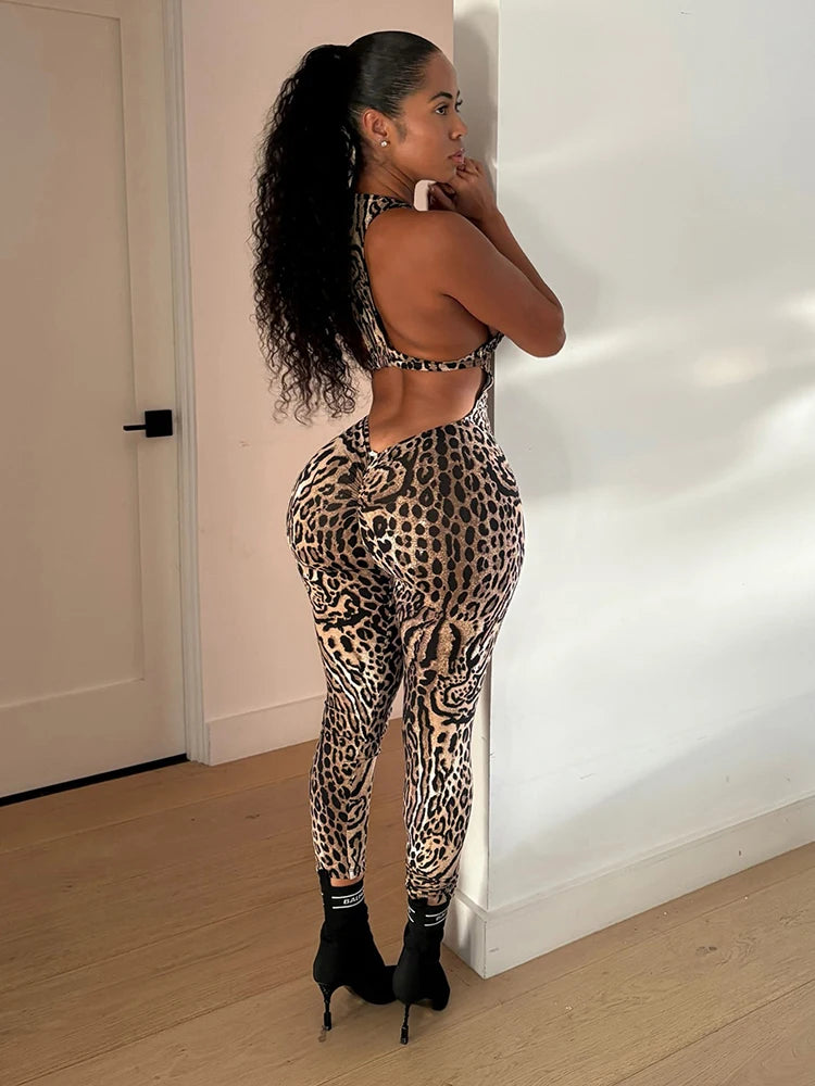NEW Arrivals Leopard Sexy Jumpsuit Women Coquette Summer Trend Midnight Club Activity Sleeveless Fitness Stretch Workout Overalls