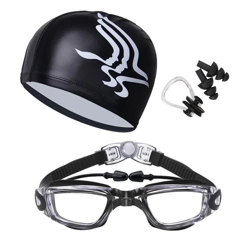 NEW Arrivals 4 PCS Set 3 Colors Professional Waterproof Anti-Fog Silicone Swimming High Definition Goggles Set with Nose Clip Earplugs And PU Cap for Swimming And Diving Sports Supplies