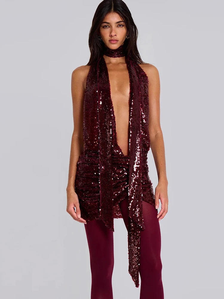 BRAND NEW UK Size Sexy Halter Swinging Neck Women Claret Mini Dress Sexy Stunning Sequins Ribbons Irregular Slim Female Coquette Spring Summer Evening Beach Party Night Club Bodycon
