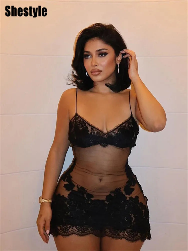 NEW UK Size Handmade Lace Transparent Mini/Maxi Dress Sexy Women Wrapping Spaghetti Embroidery Flower Sheath Nightwear Club Mesh Wave Fantasy Girls Sexy See Through Short and Long Dress