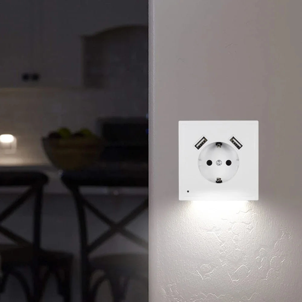 NEW Arrivals USB Wall Socket With Sensor Night Light Double USB 5V2A EU Standard Phone Charger XJ10-01 Office Home Bedroom Living Room Lighting Supplies