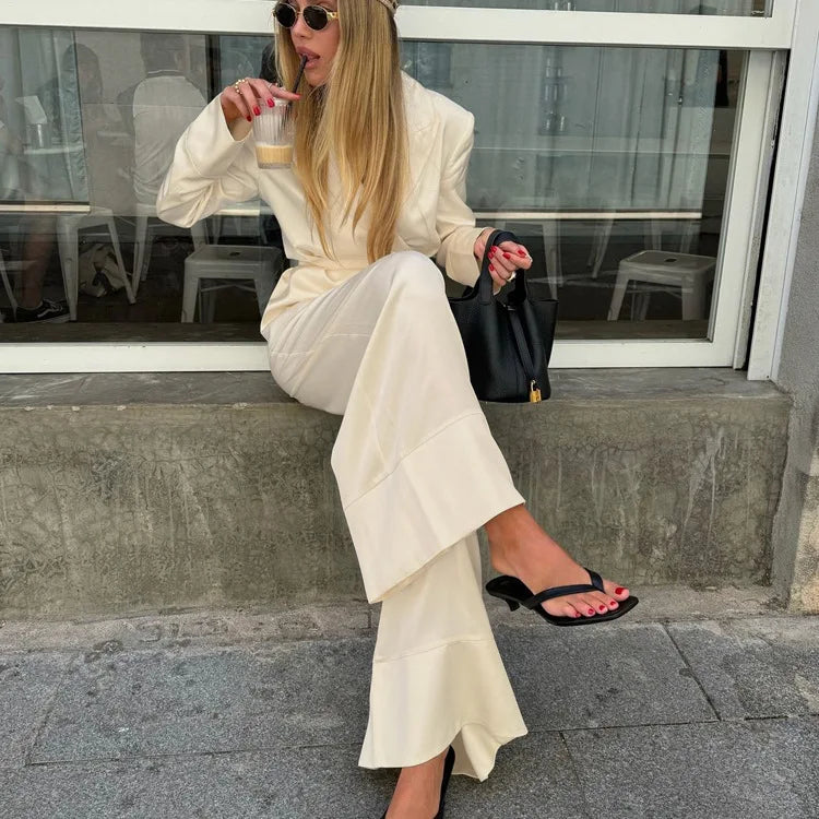 NEW 2PCS Set S-XL UK Size Elegant Beige Satin Trousers Business Office Lady Formal Outfit Spring Women V-Neck Long Sleeved Lace Up Top +High Waist Loose Wide Leg Pants Female Ladies Luxury Fashion Clothing Supplies
