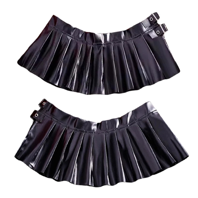 NEW Women's Black Shiny PU Leather Sexy Mini Skirt Gothic Style Cosplay Costume Sexy Low Waist Pleated Skirt for Fashionable Outfits