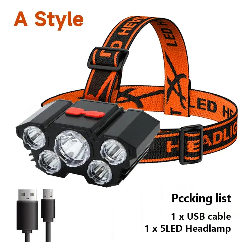 NEW Arrivals 5 LED Flashlight Rechargeable with Built in Battery Strong Light Home Outdoor Camping Adventure Fishing Head Light Headlamp