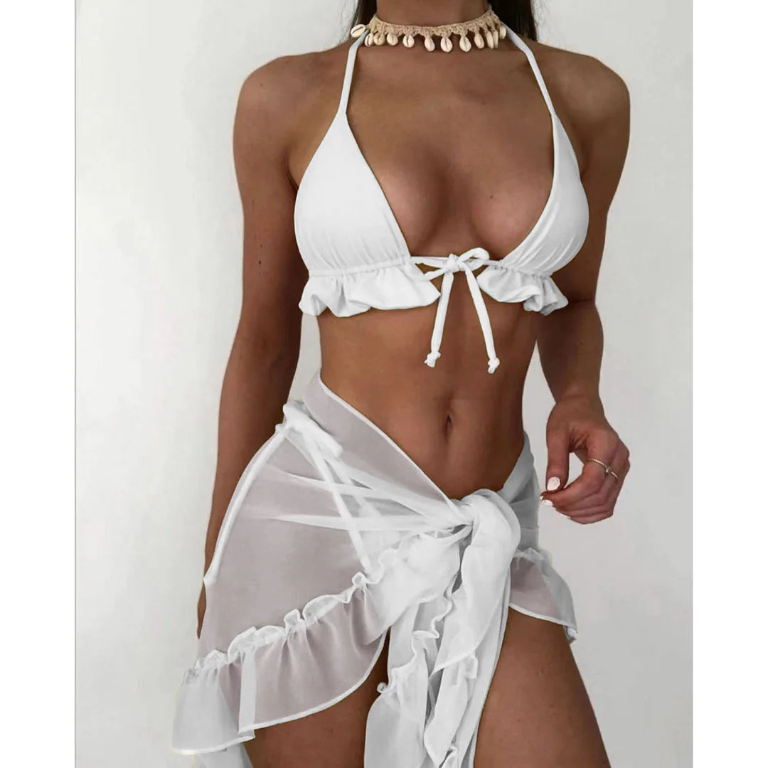 NEW Arrivals 3 PCS 6 Colors Bikini Suit with Sarong Halter Ruffled Bikini Women Swimwear Female Swimsuit Bathing Suit Swim Ladies Sexy Transparent Swimwear Suit