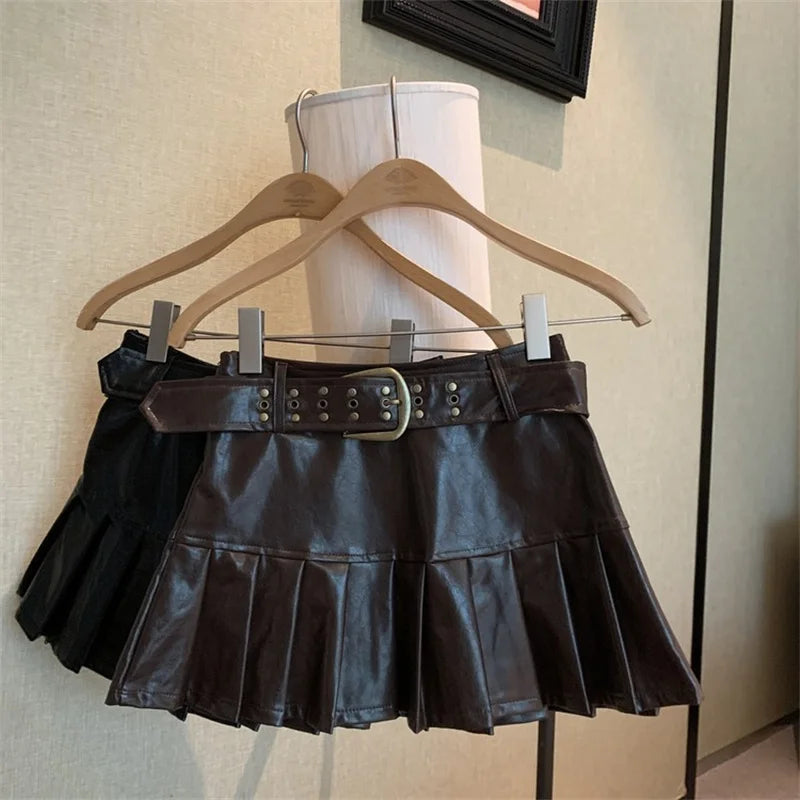NEW Arrivals Women Black/Coffee Leather Skirt Harajuku Japanese Y2K Vintage Pleated Skirt 90s Aesthetic A-Line Mini Skirt Emo 2000s Punk Clothes Girls Sexy Casual Fashion Clothing Supplies