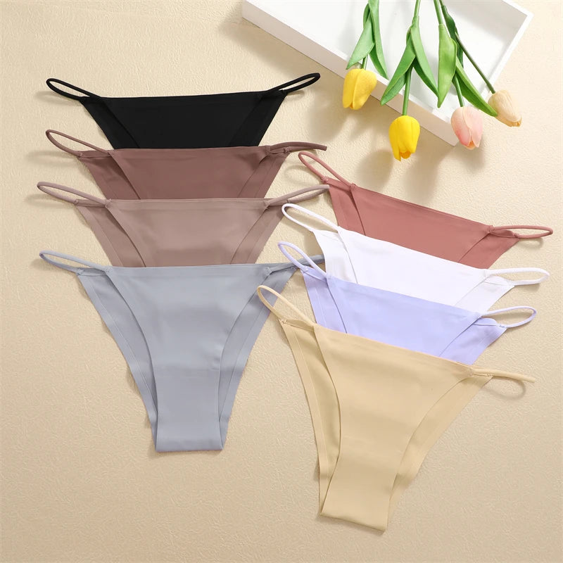 NEW Arrivals 6PCS Set 4 Colors Ice Silk Seamless Thongs Women Bikini G-String Panties Solid Color Dopamine Color Underwear Ultra Thin Breathable Lingerie