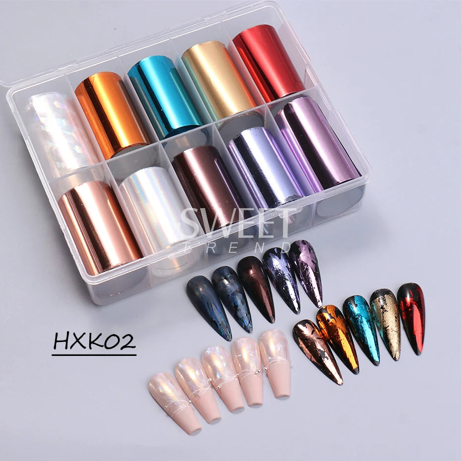 10 Roll/Box Metallic Mirror Nail Foils Holographic Gold Silver Champagne Transfer Stickers DIY Charm Starry Paper Manicure Decor