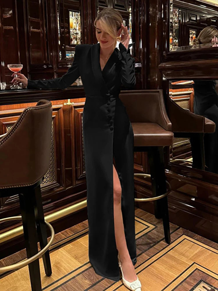 NEW Arrivals UK Size Black/White Julissamo Italian Sexy V-Neck High Slit Button Women Maxi Dress Black Long Sleeve Evening Dress Female Spring Autumn Winter Slim Luxury Party Dress